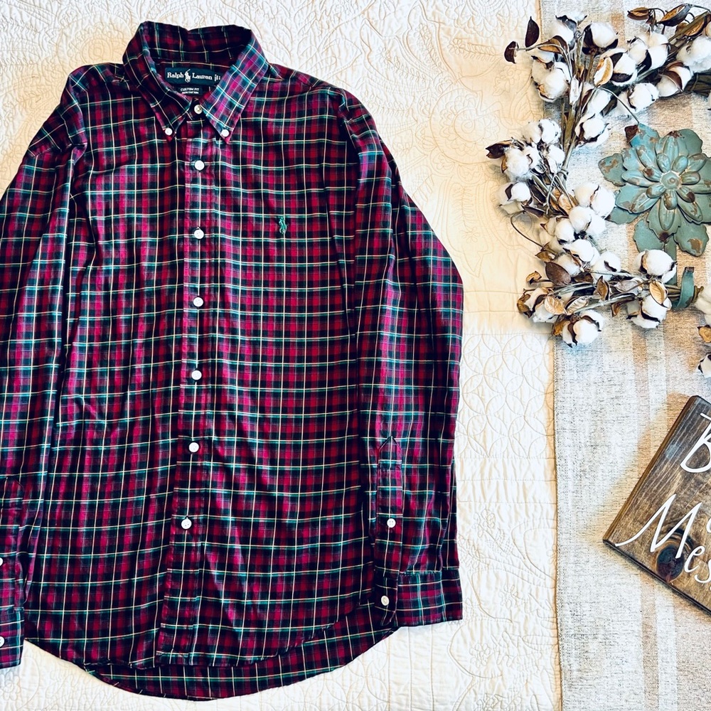 Vintage Ralph Lauren Red & Green Plaid Button Down Long sleeve Shirt size Large - Picture 2 of 10